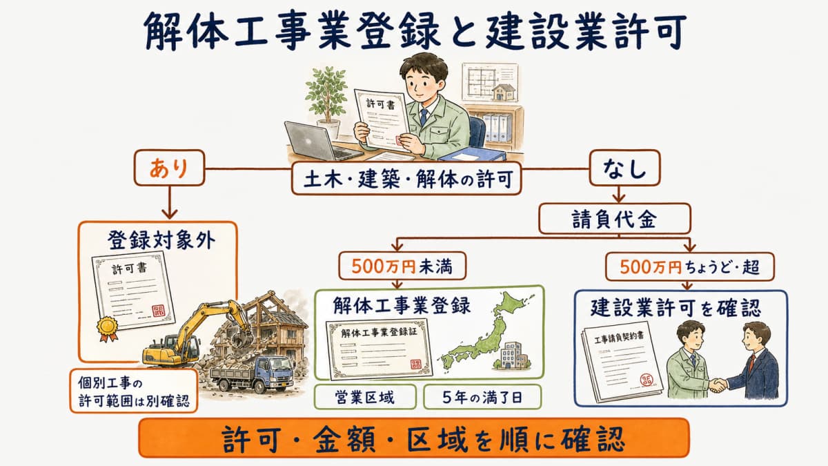 保有許可・請負代金・営業区域から解体工事の登録要否を判断する早見図