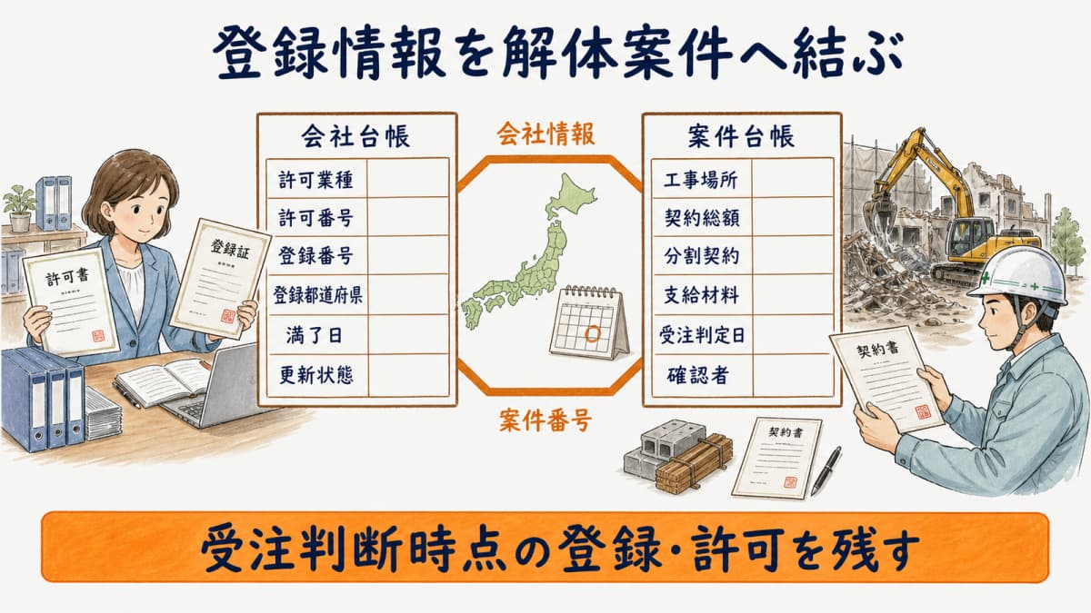 登録番号・都道府県・満了日と解体案件の工事場所を照合する管理表