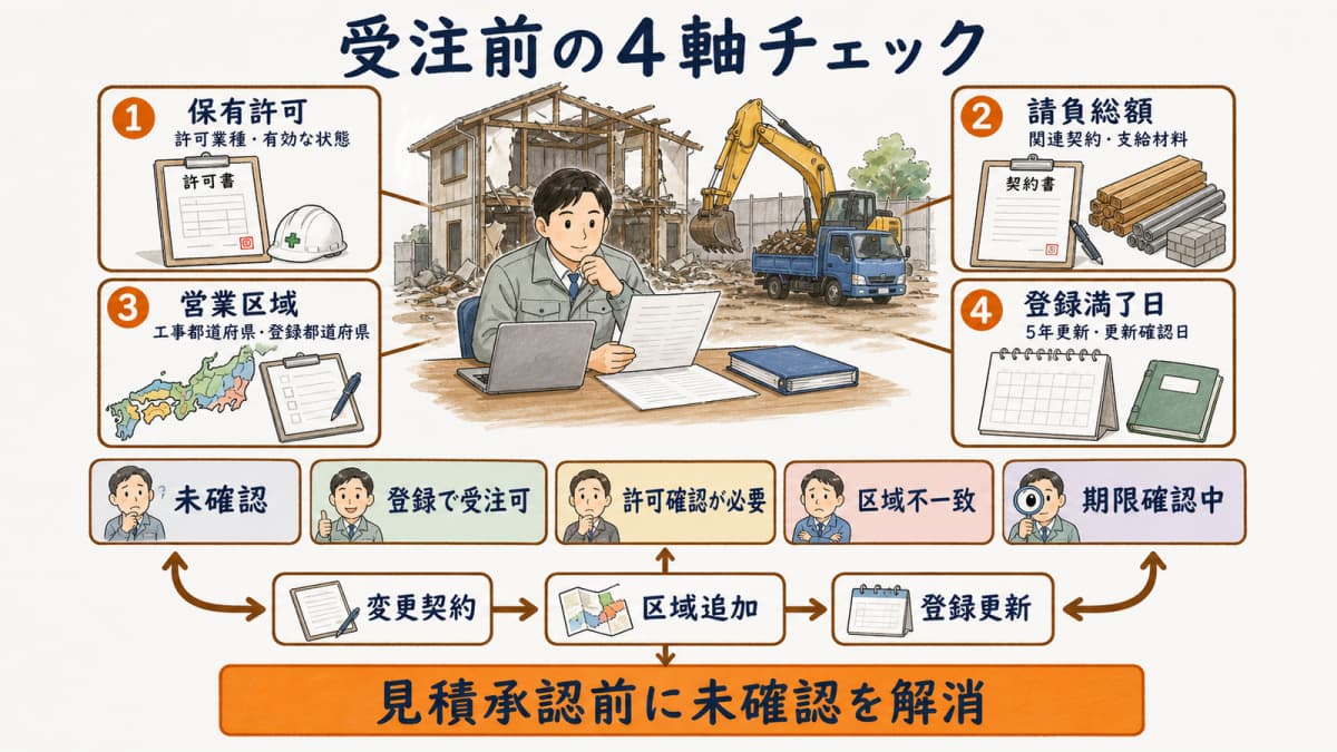 保有許可・請負総額・営業区域・登録満了日を並べる受注前チェック表