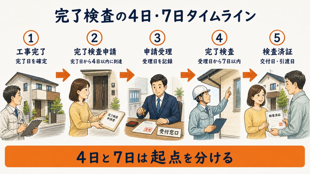 工事完了・申請到達・受理・検査・検査済証を並べた法定時系列