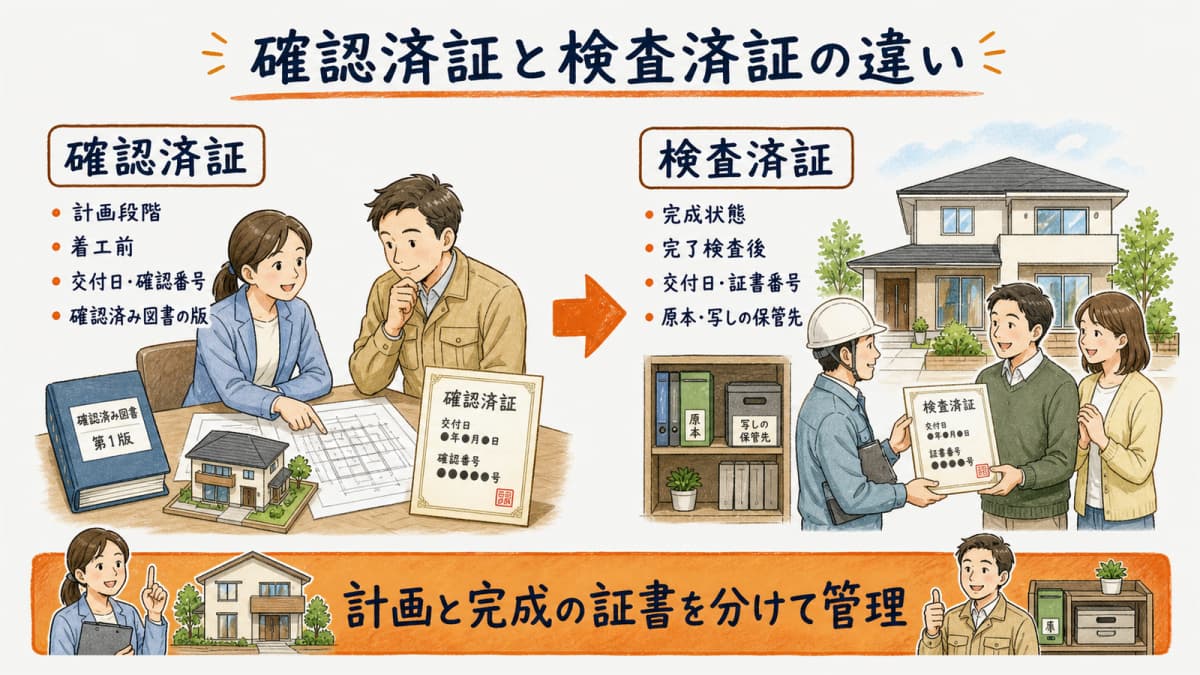 着工前の確認済証と完成後の検査済証を比べる証書比較図