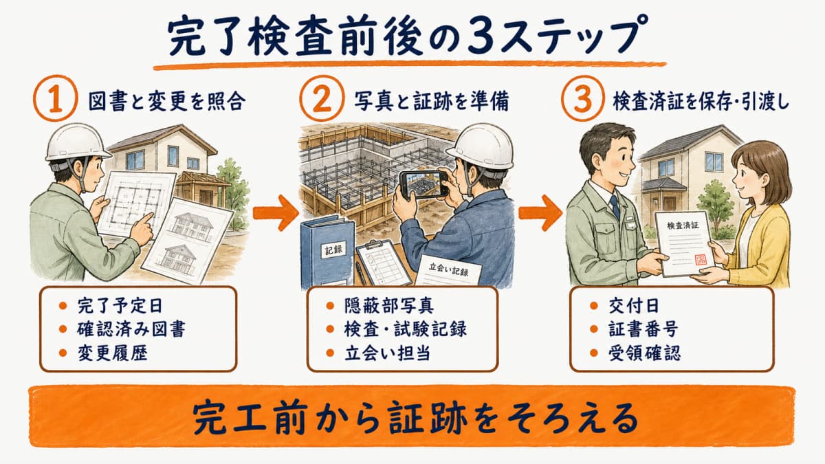 完了内容の照合・申請検査支援・検査済証引渡しの3ステップ