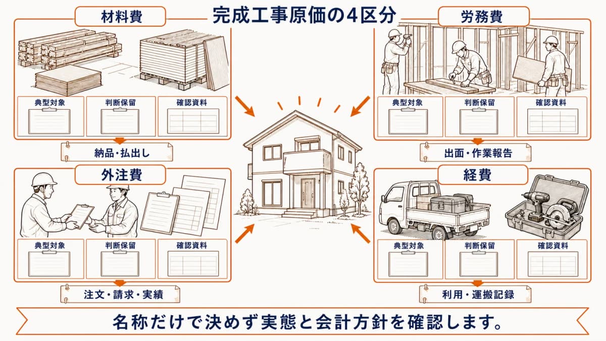 完成工事原価の4区分と確認資料の早見表