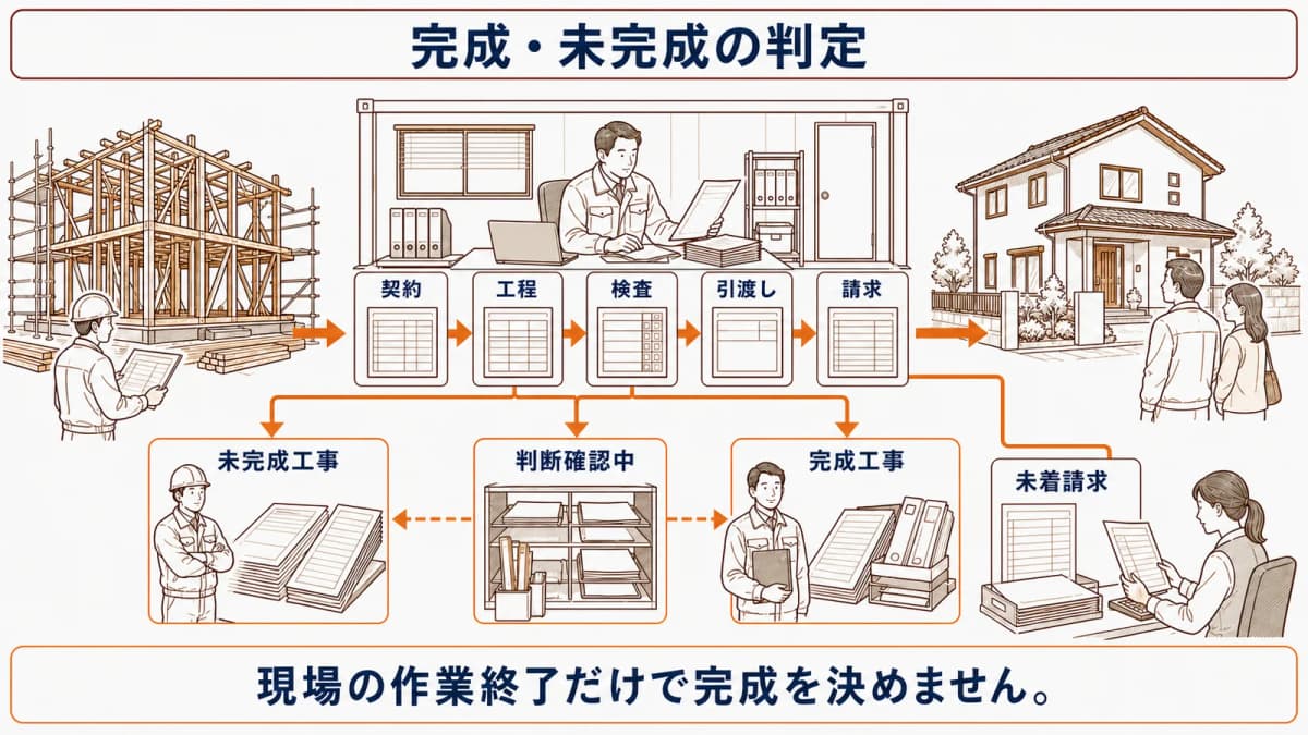 完成工事と未完成工事を証拠で判定する流れ