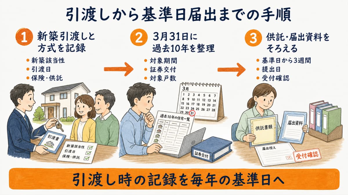新築引渡し・基準日集計・供託届出証跡をつなぐ3ステップ
