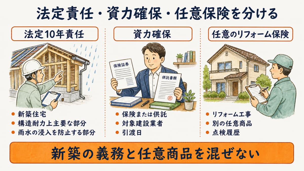 法定10年責任・資力確保・任意リフォーム保険を分ける誤認防止図