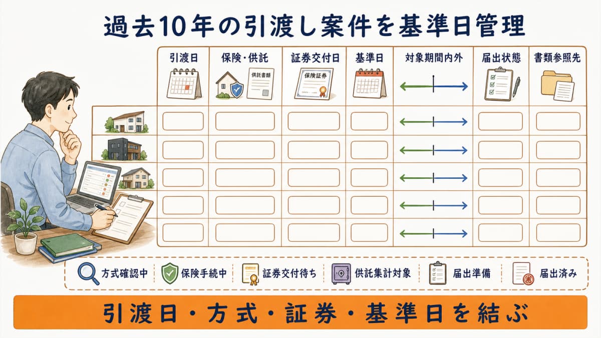 過去10年の引渡し案件・保険供託方式・証券交付・基準日を並べる表