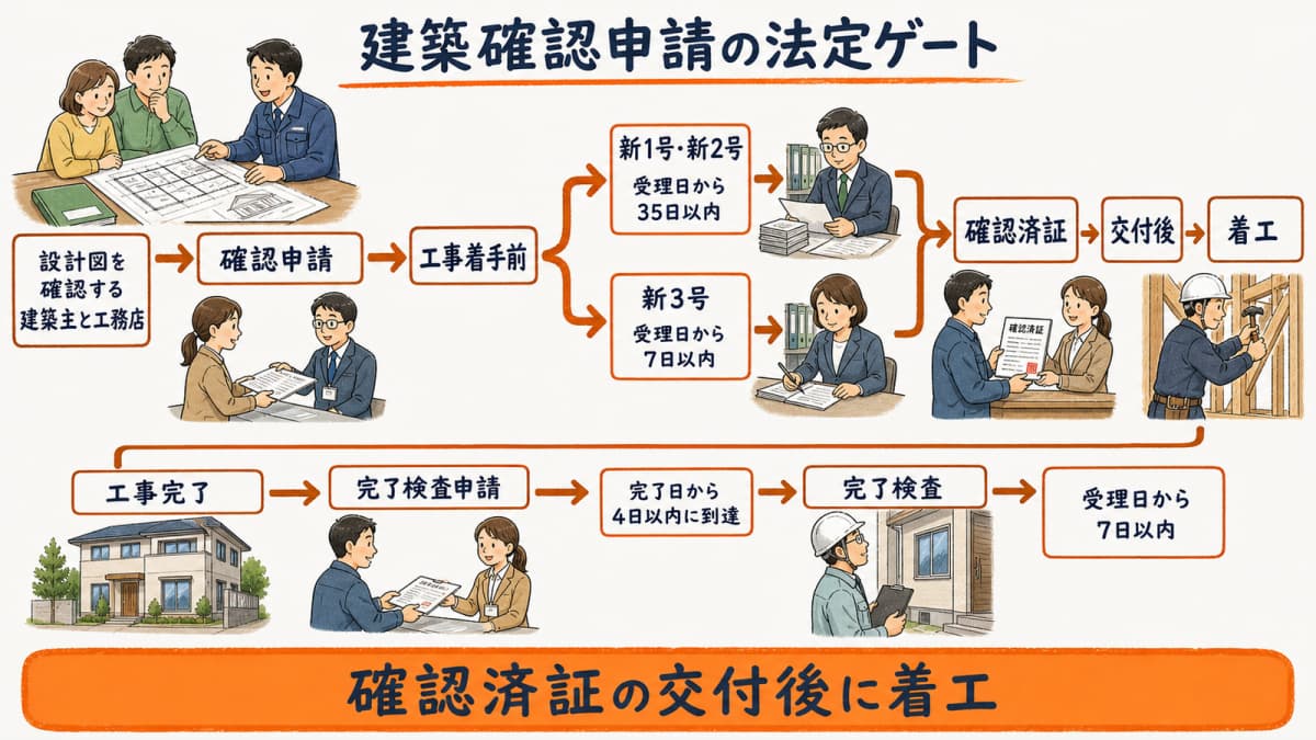 建築確認申請から確認済証・着工・完了検査までの法定ゲート