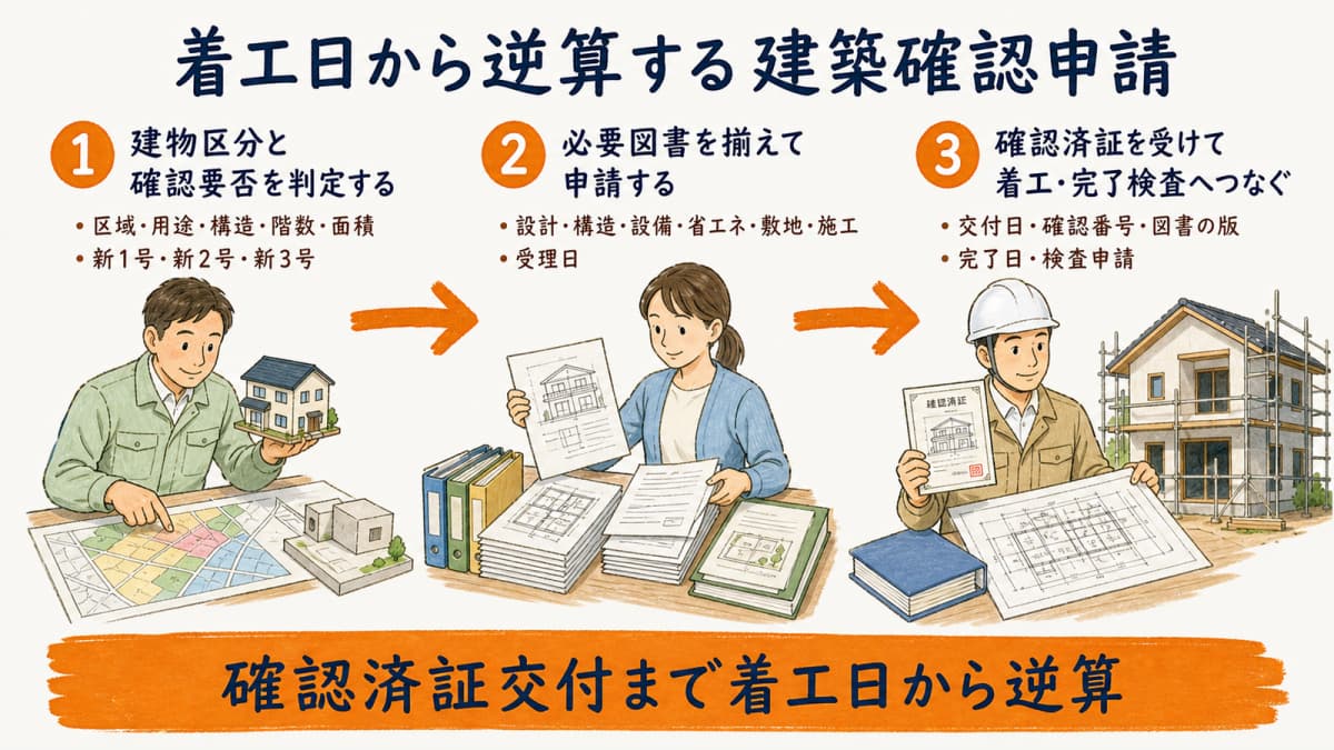 建物区分の判定から申請・確認済証・完了検査へ進む3ステップ工程