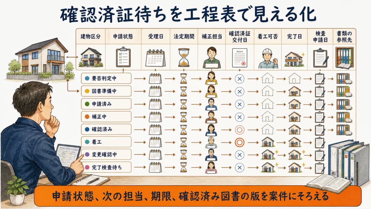 確認申請の担当・期限・図書・状態を並べた案件ステータス例