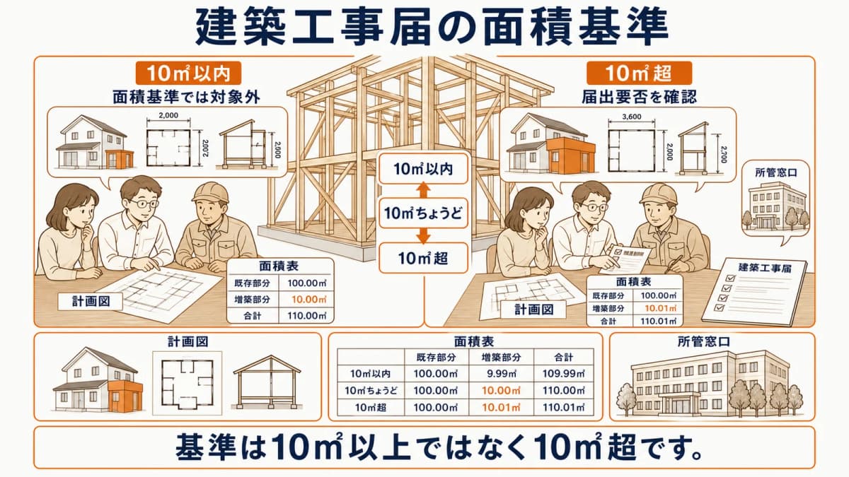 建築工事届の10㎡超基準を判定する図
