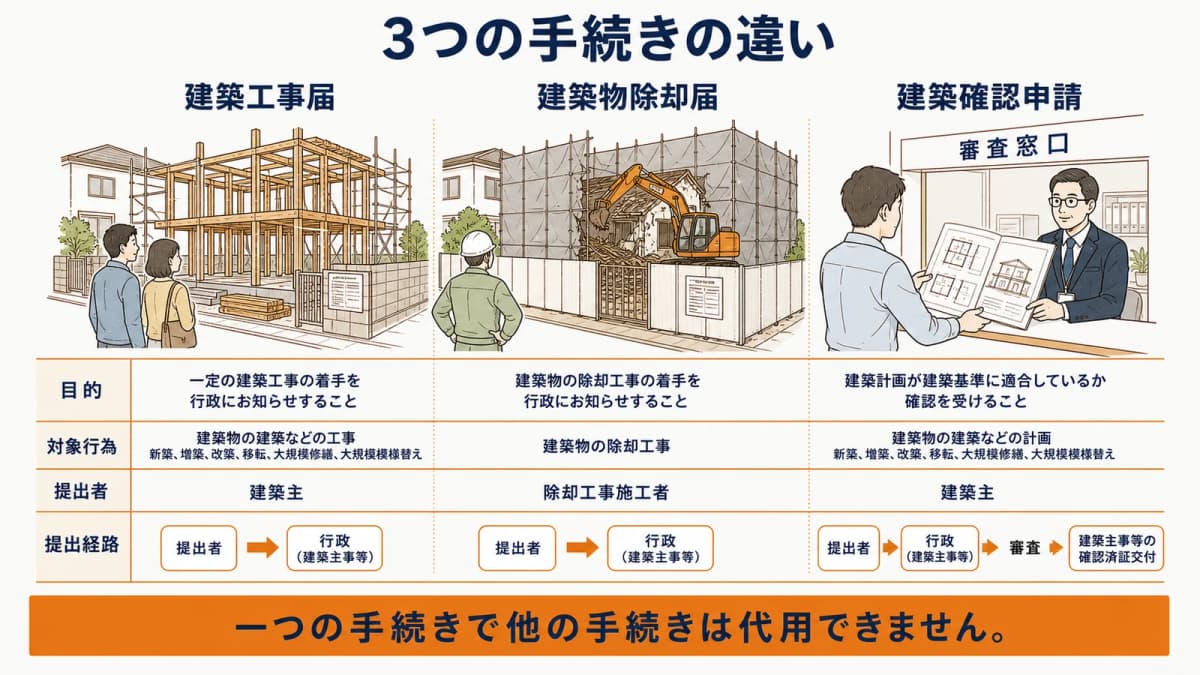 建築工事届・除却届・確認申請の違い
