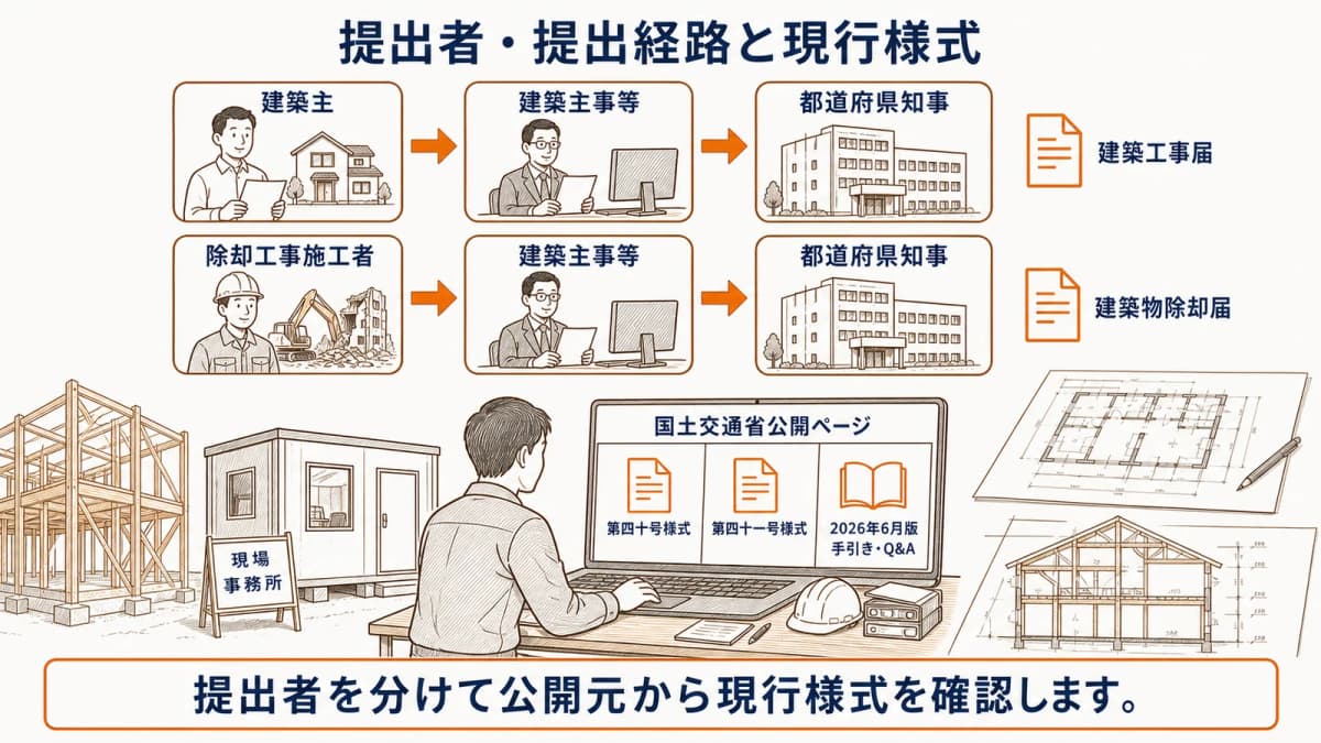 建築主・施工者の提出経路と現行様式確認をまとめた図