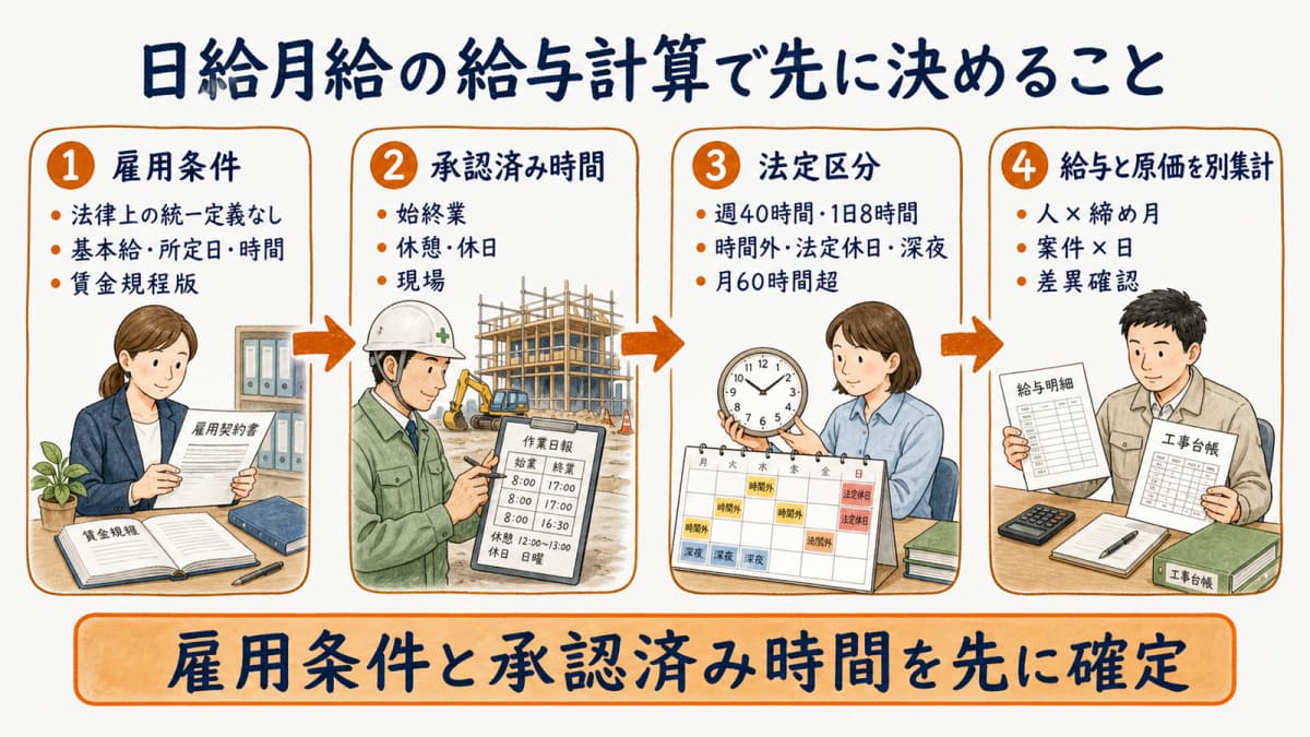 雇用条件の確認から時間分類・給与と原価の集計へ進む全体フロー