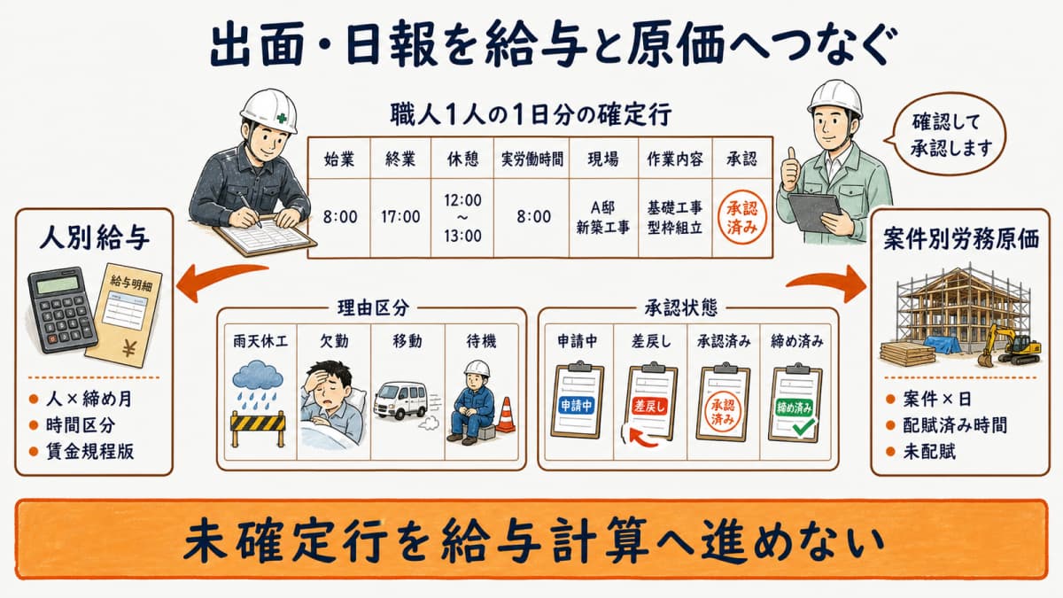 出面・日報の確定行から人別給与と案件別労務原価へ分ける二方向フロー