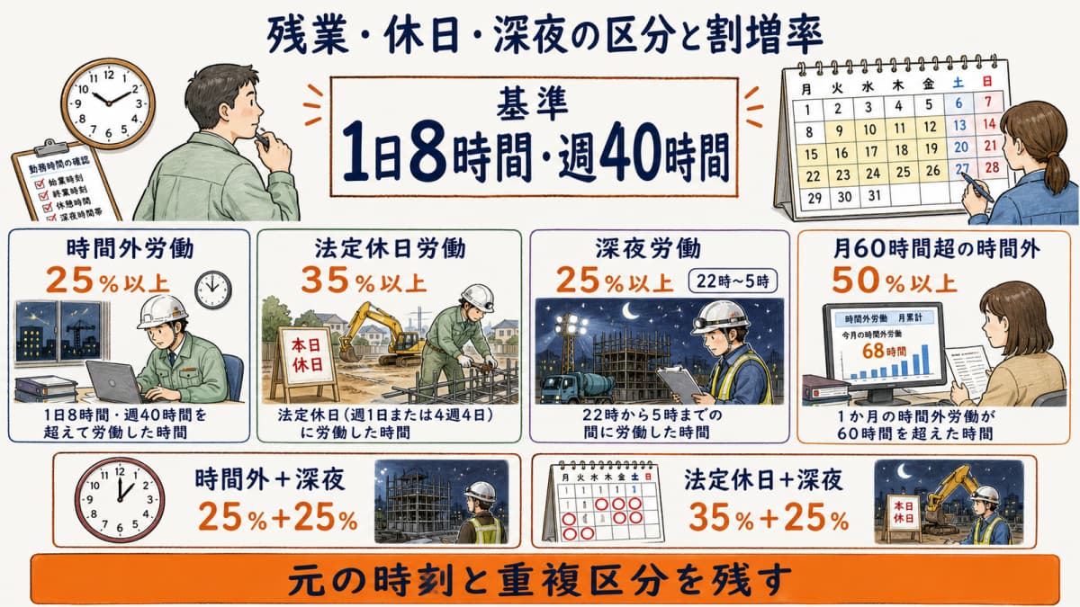 日8時間・週40時間と時間外・休日・深夜・月60時間超の率と重複を確認する表
