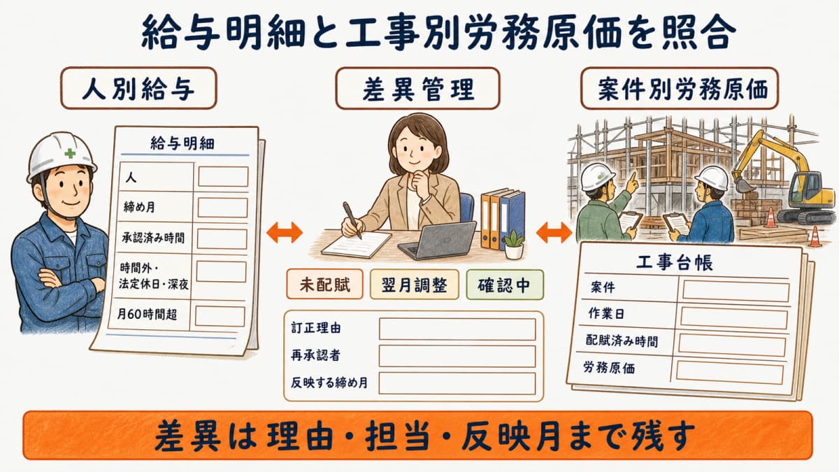 承認済み時間・給与明細・工事別労務原価・差異理由を並べる突合表