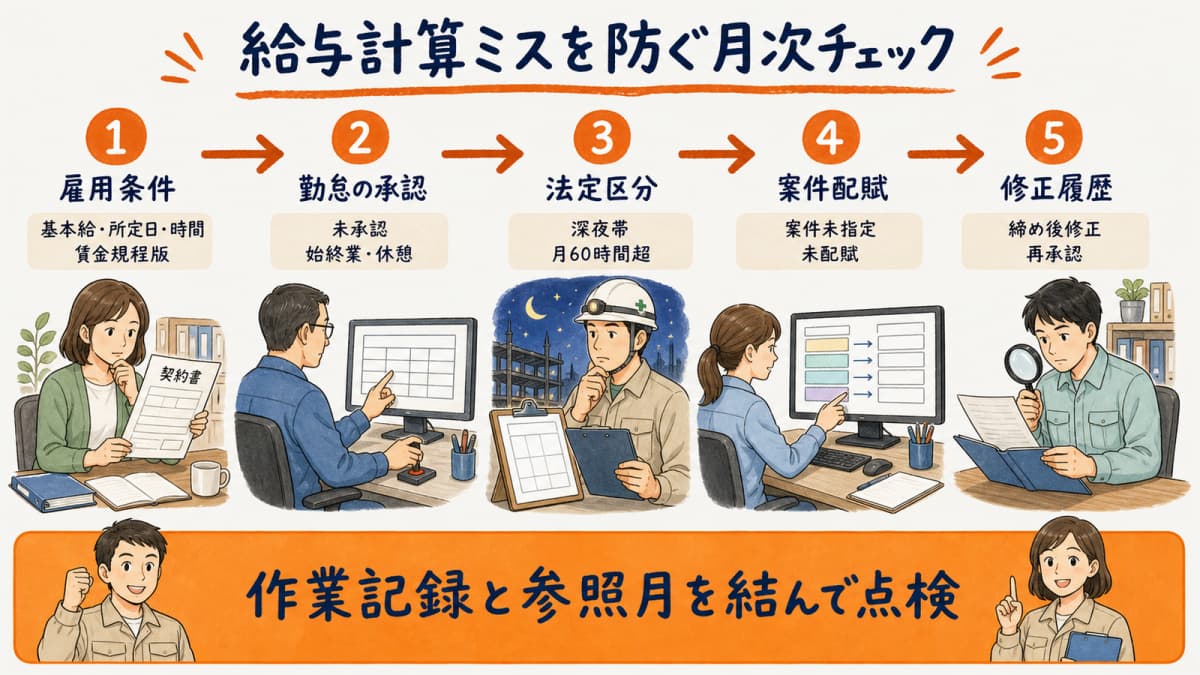 雇用条件・承認済み時間・割増区分・差異・翌月反映を確認する月次点検図
