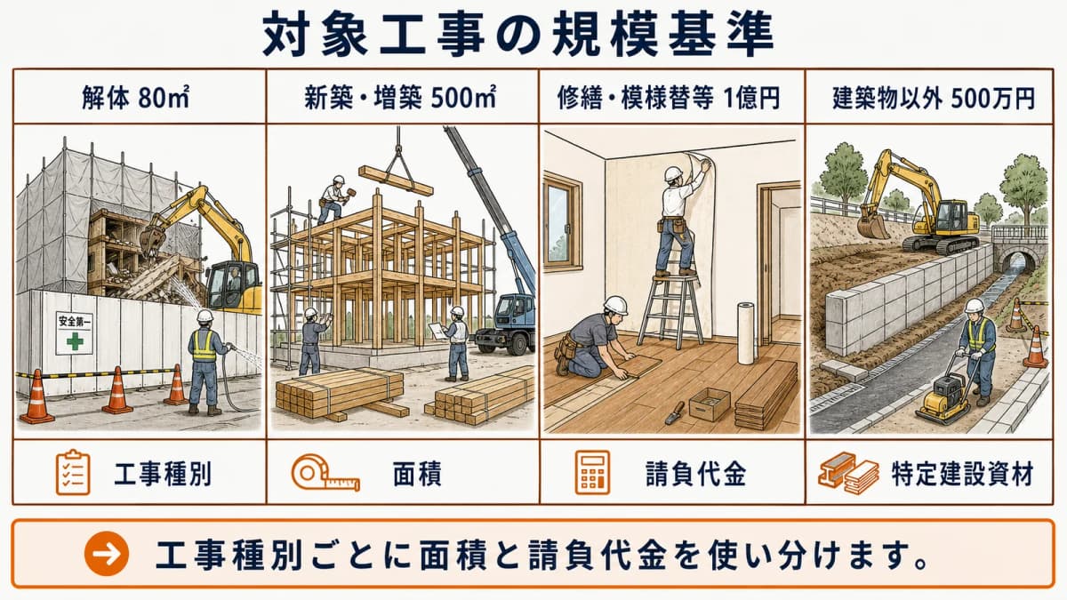 建設リサイクル法の工事種別・規模基準早見表