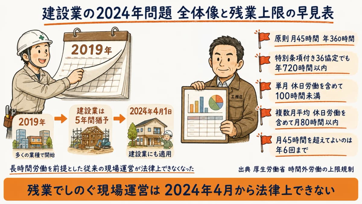 建設業の2024年問題の全体像と上限規制の早見表
