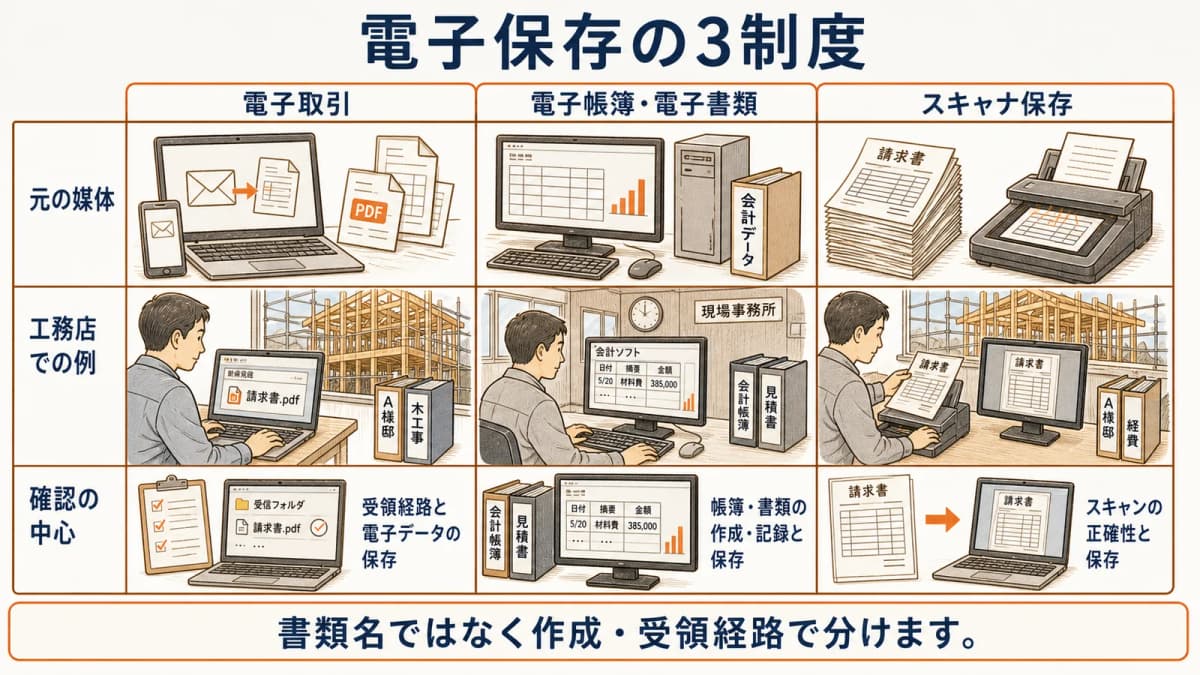 電子取引・電子帳簿等・スキャナ保存の比較図