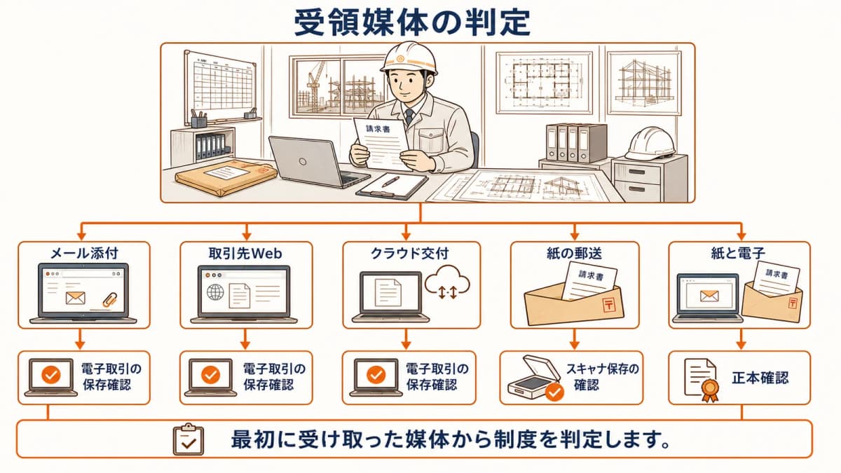 メール・Web・紙の受領媒体を判定する流れ