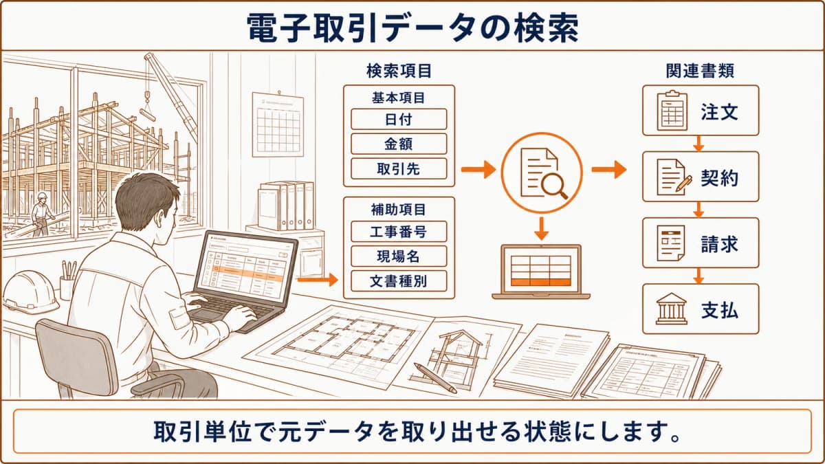 電子取引データを日付・金額・取引先で探す索引例