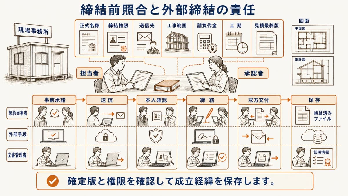 相手方・締結権限・工事条件・見積最終版と締結証拠をまとめた図