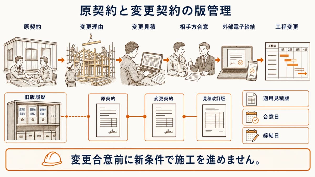 原契約・変更理由・変更見積・電子締結・工程変更の版タイムライン