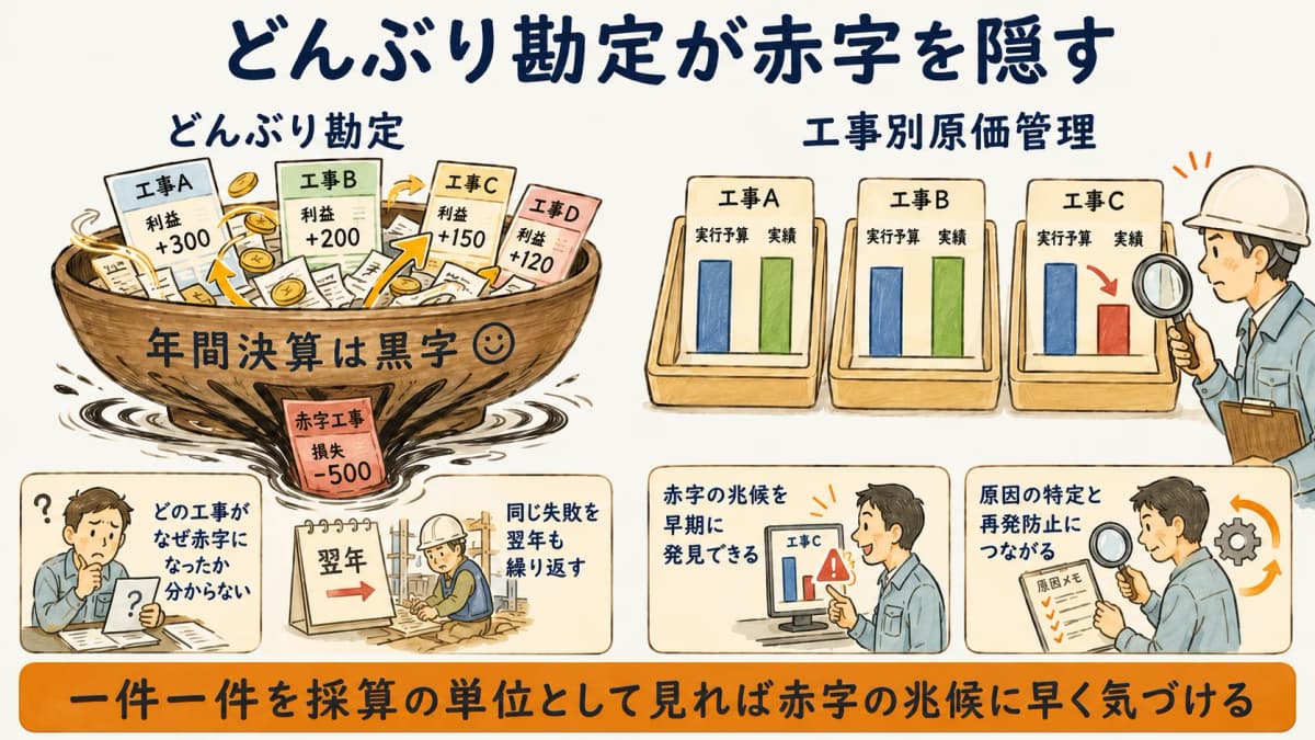 どんぶり勘定と工事別原価管理の比較図