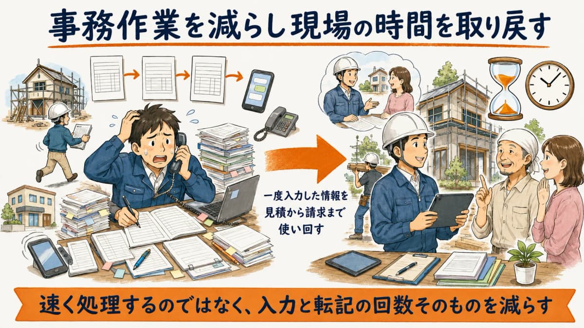 事務作業の削減で現場の時間を取り戻すイメージ図