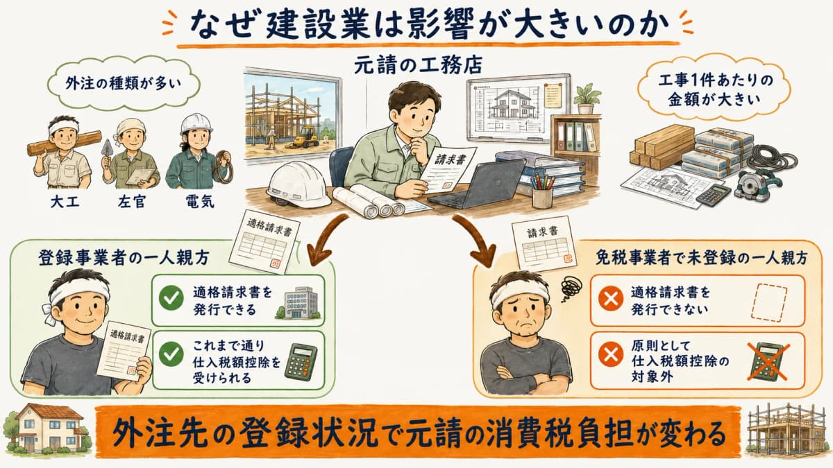 元請の仕入税額控除が外注先の登録状況で変わる建設業特有の構造