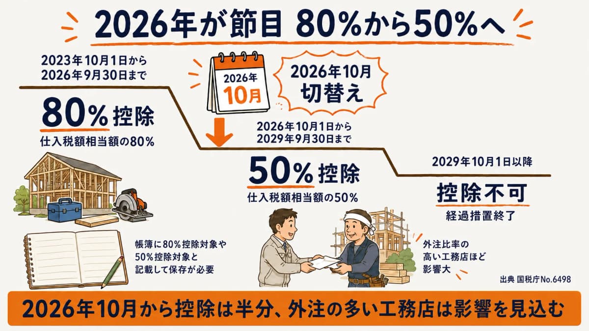 経過措置が80%控除から50%控除へ縮小する2026年の切替えタイムライン