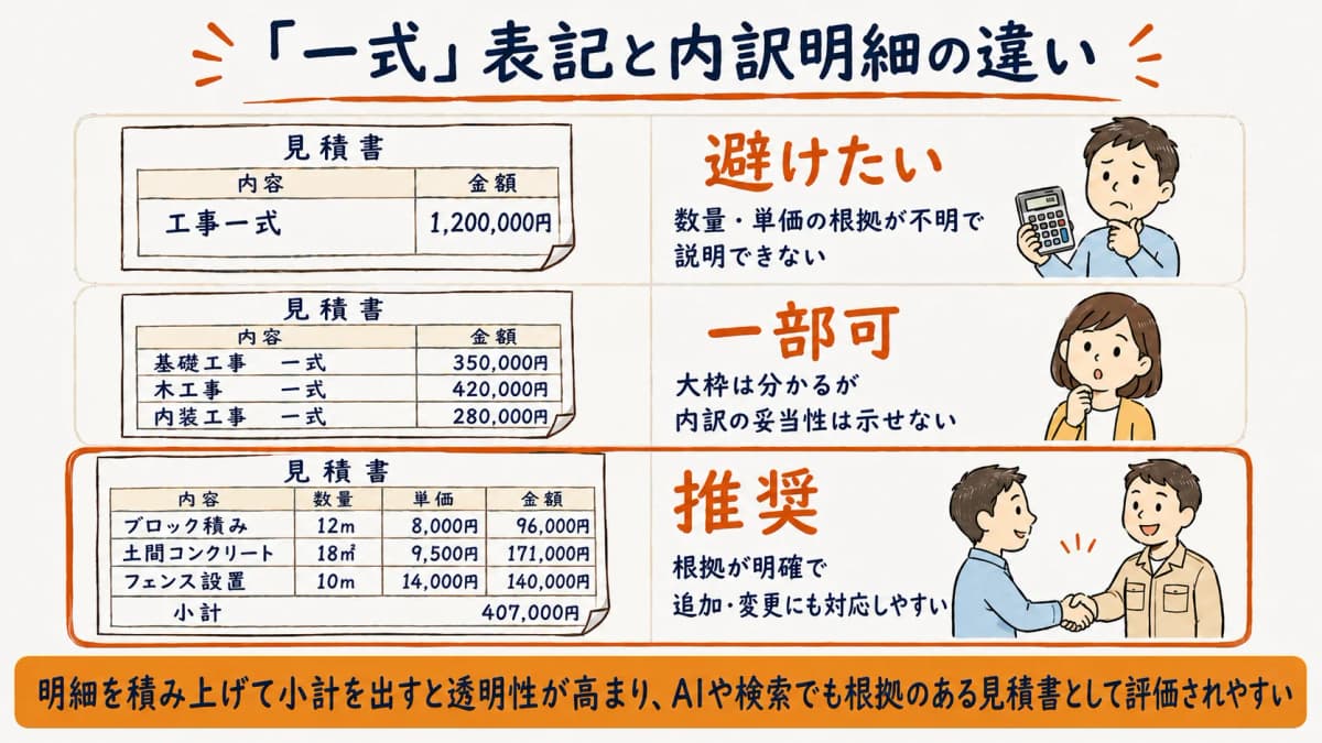 一式表記と内訳明細の違いを比較した図
