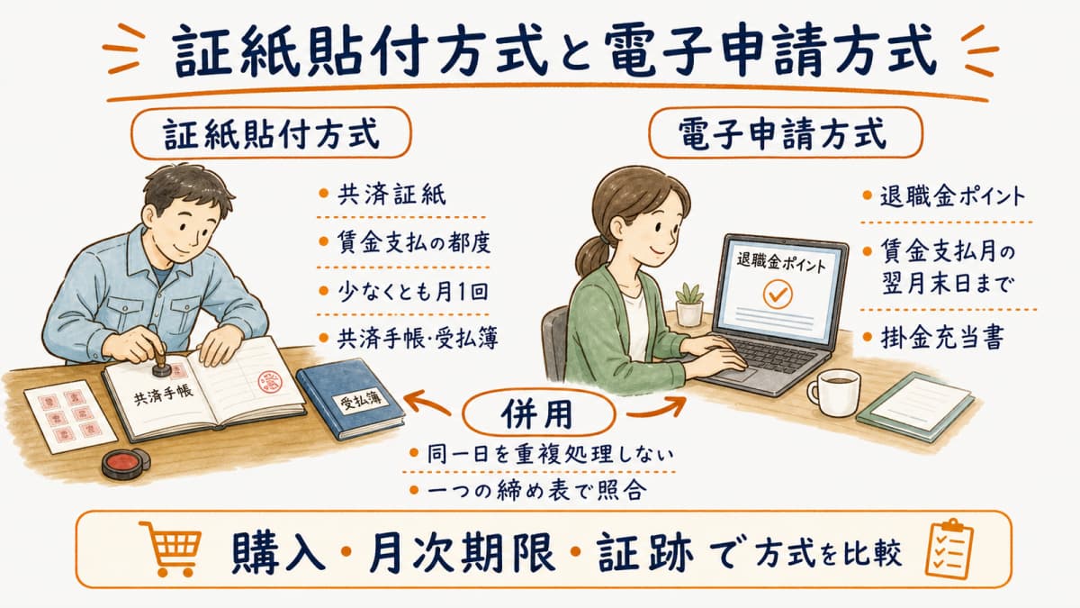 建退共の証紙貼付方式・電子申請方式・併用を比べるマトリクス