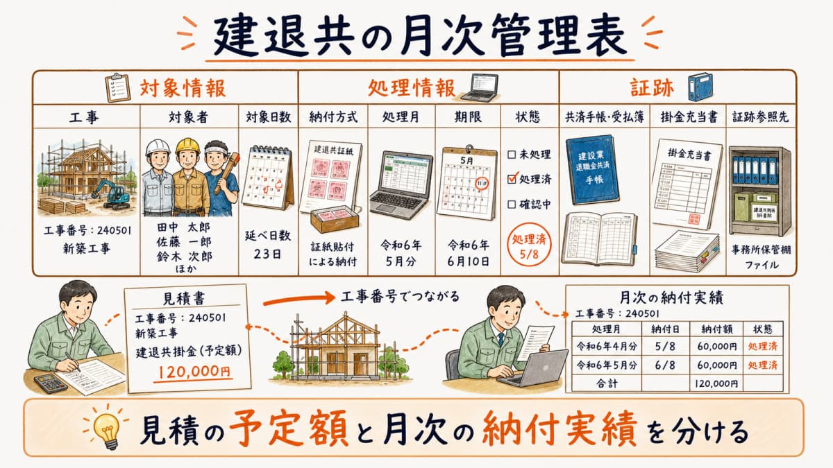 従業員・工事・対象日数・納付方式・証跡を対応づける建退共の月次管理表