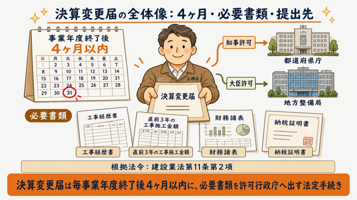 決算変更届の4ヶ月ルール・必要書類・提出先を示した全体像