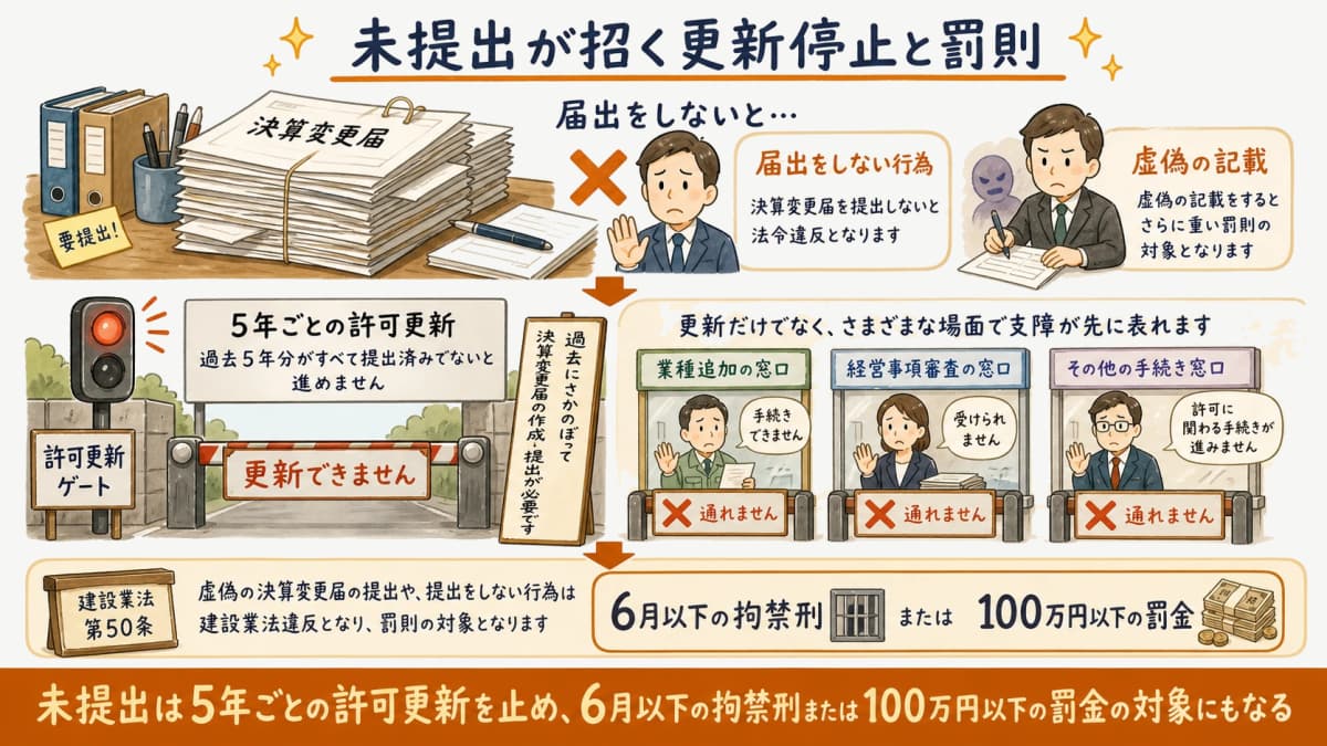 決算変更届の未提出が許可更新の停止と罰則につながる流れ