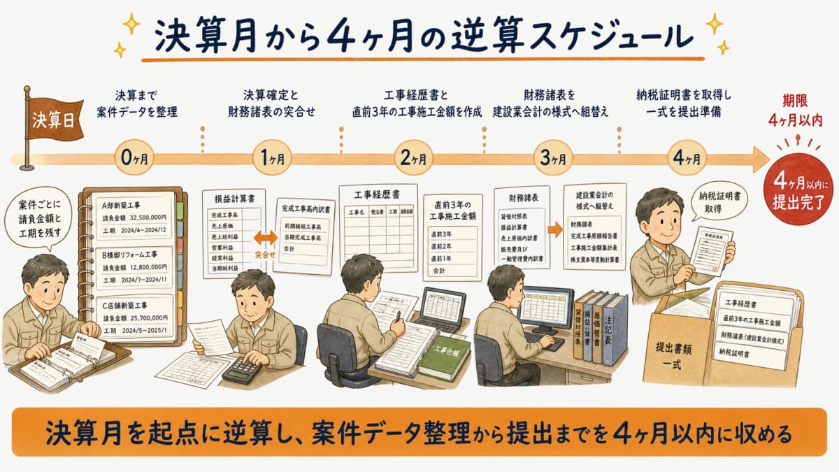 決算月から4ヶ月以内の提出までを逆算したスケジュール表