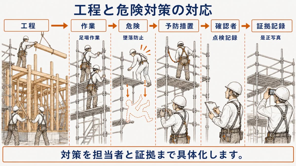 工程・作業・危険・対策・証拠を対応させる図