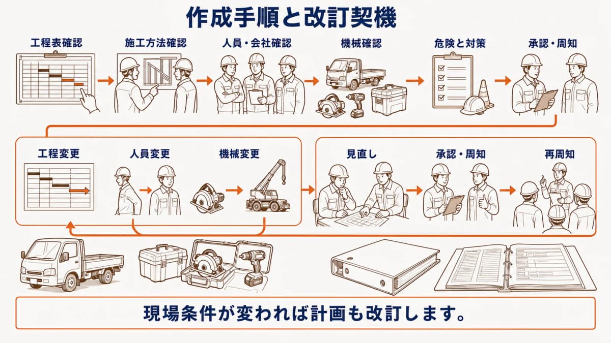 安全衛生計画書の作成手順と改訂契機をまとめた図