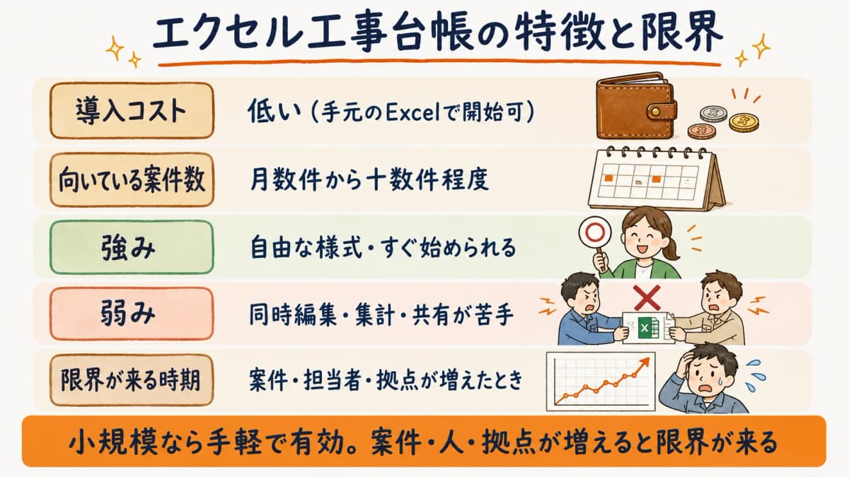 エクセル工事台帳の特徴と限界を示した早見表のイメージ