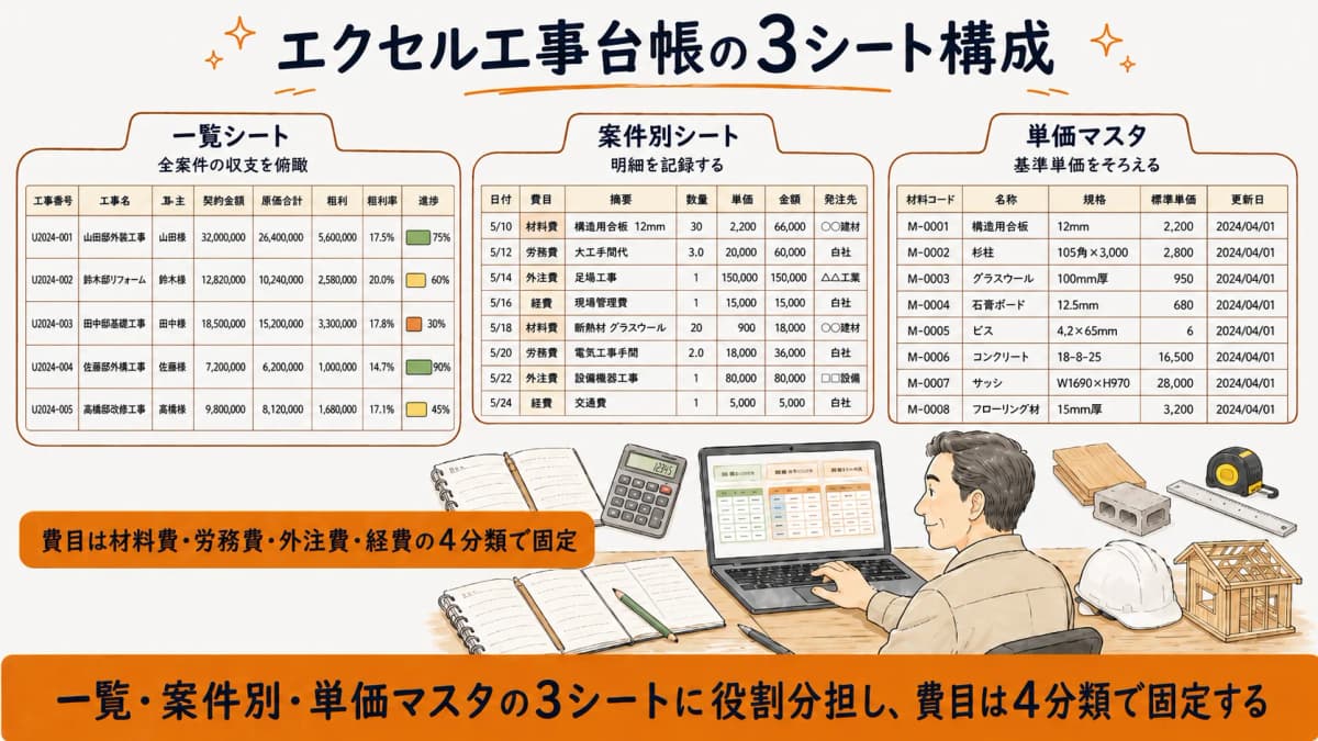 エクセル工事台帳の3シート構成と項目を示した図