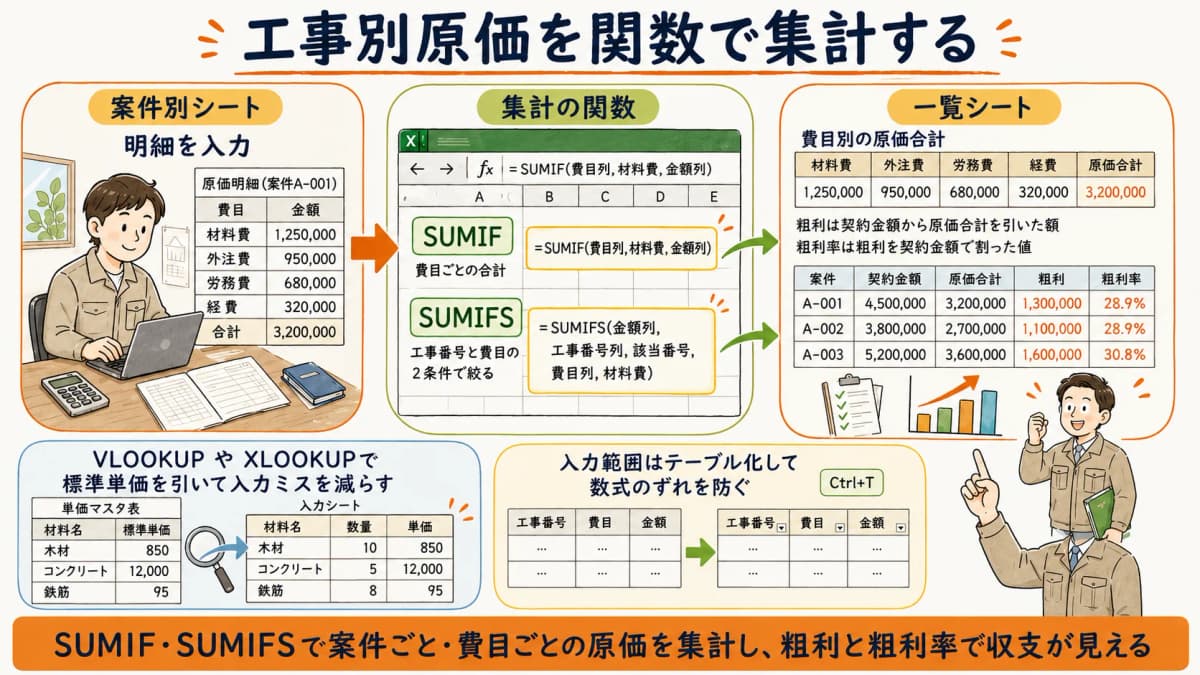 工事別原価をSUMIF・SUMIFSで集計する仕組みの図