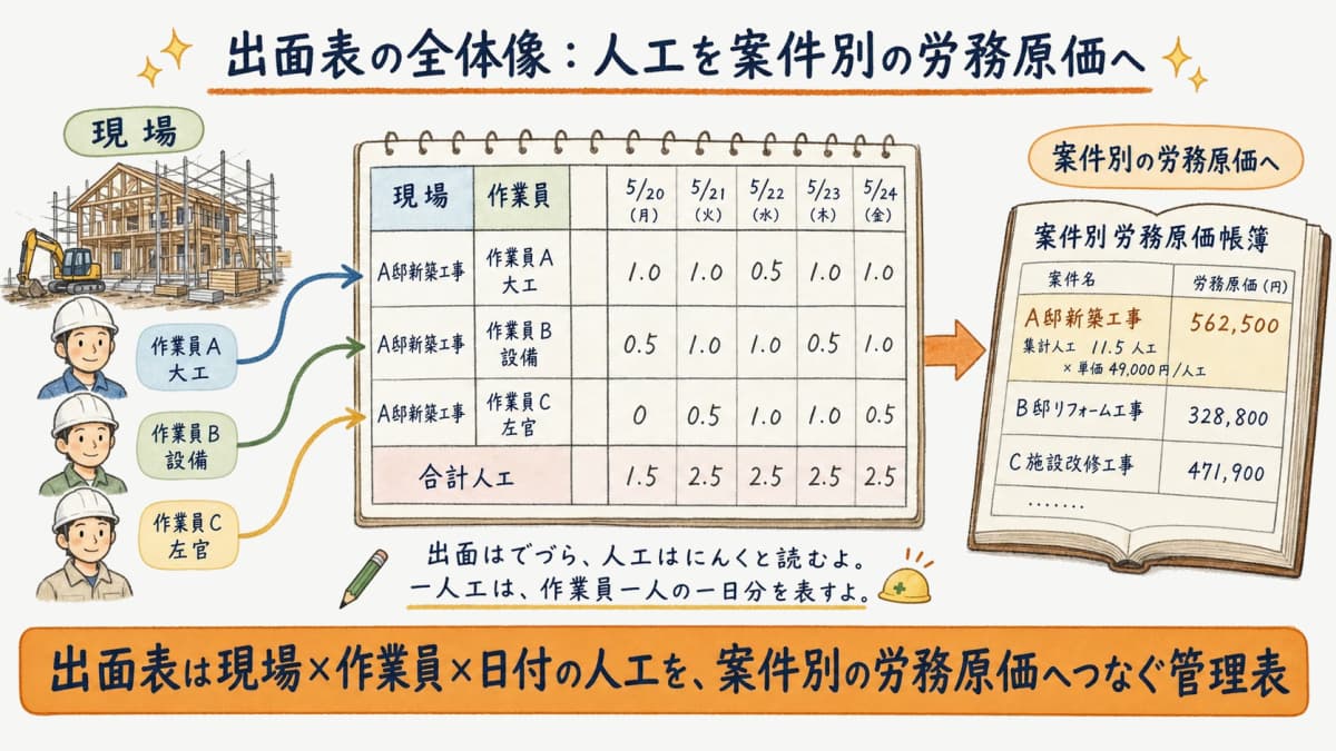 出面表の全体像。現場×作業員×人工を集計し案件別の労務原価へつなぐ流れ