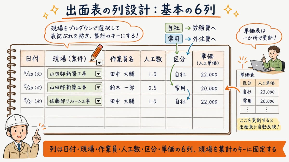 出面表の列設計例。日付・現場・作業員・人工数・区分・単価の6列構成