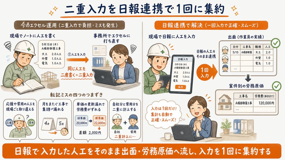 エクセル出面表の二重入力を日報連携で1回の入力に集約するイメージ