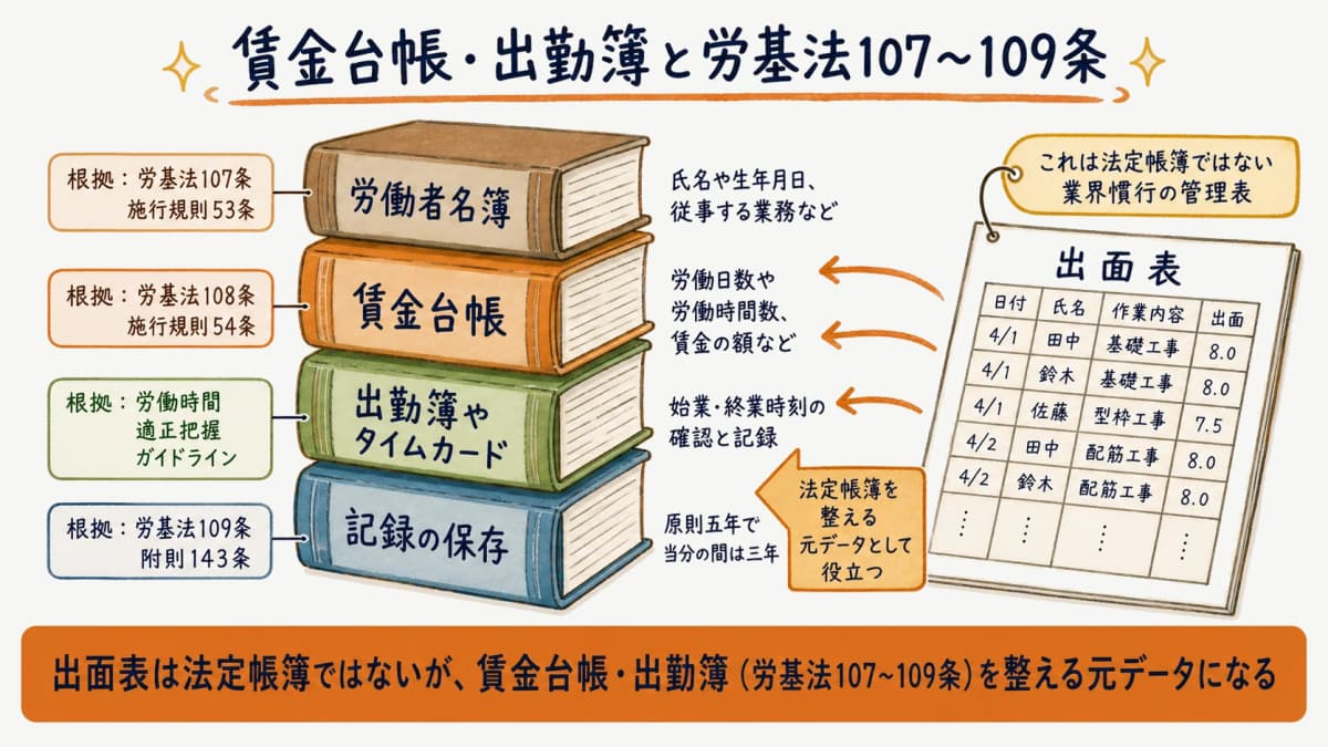 賃金台帳・出勤簿と労基法107〜109条の位置づけを示す早見表のイメージ