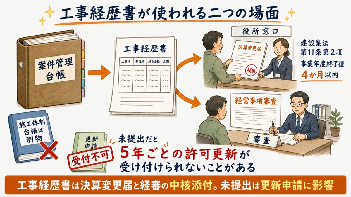 工事経歴書が決算変更届と経営事項審査の双方で使われる位置づけの図