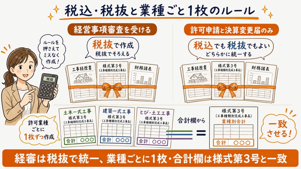 経審の有無で変わる税込・税抜の扱いと、許可業種ごとに1枚作成するルールを示した図